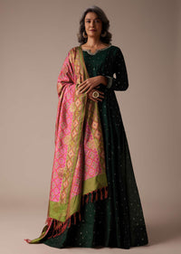 Hunter Green Anarkali Suit In Silk With Badla Buttis And Patola Printed Silk Dupatta