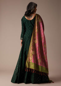 Hunter Green Anarkali Suit In Silk With Badla Buttis And Patola Printed Silk Dupatta