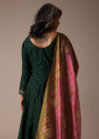 Hunter Green Anarkali Suit In Silk With Badla Buttis And Patola Printed Silk Dupatta