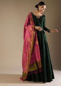 Hunter Green Anarkali Suit In Silk With Badla Buttis And Patola Printed Silk Dupatta