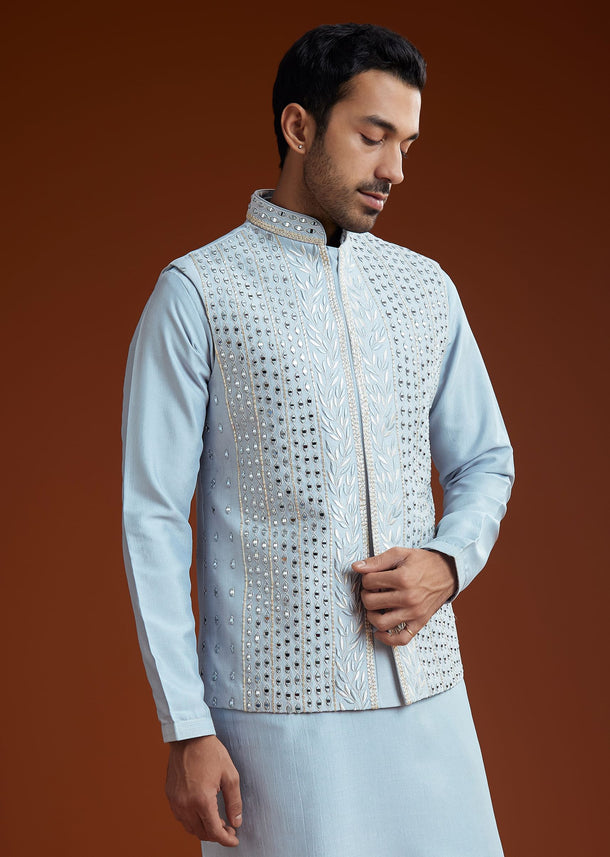 Ice Blue Cotton Silk Kurta Jacket Set With Vine Motif Threadwork