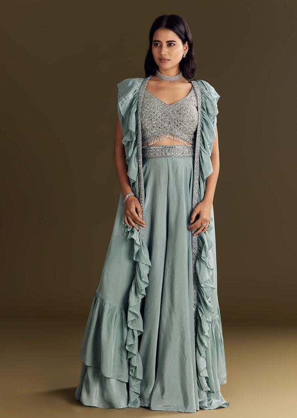 Ice Blue Crepe Croptop And Palazzo Set With Ruffled Jacket