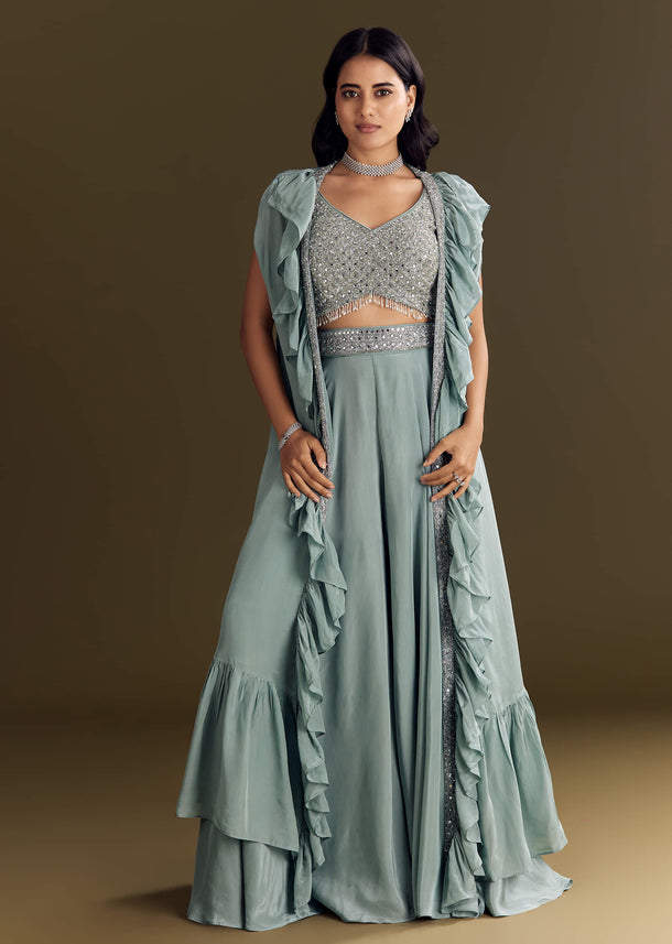 Ice Blue Crepe Croptop And Palazzo Set With Ruffled Jacket