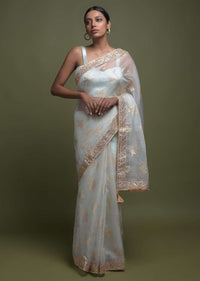 Ice Blue Saree In Organza With Foil Printed Floral Buttis And Gotta Lace On The Border Online - Kalki Fashion