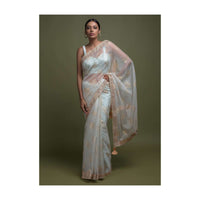 Ice Blue Saree In Organza With Foil Printed Floral Buttis And Gotta Lace On The Border Online - Kalki Fashion