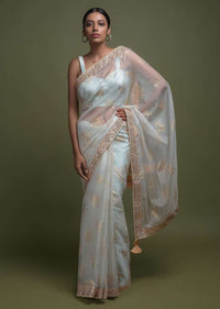 Ice Blue Saree In Organza With Foil Printed Floral Buttis And Gotta Lace On The Border Online - Kalki Fashion