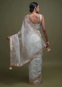 Ice Blue Saree In Organza With Foil Printed Floral Buttis And Gotta Lace On The Border Online - Kalki Fashion