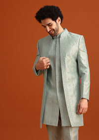 Ice Blue Cotton Silk Embroidered Sherwani Set