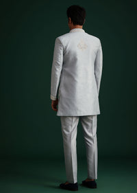 Ice Blue Cotton Silk Hand Work Sherwani Kurta Set