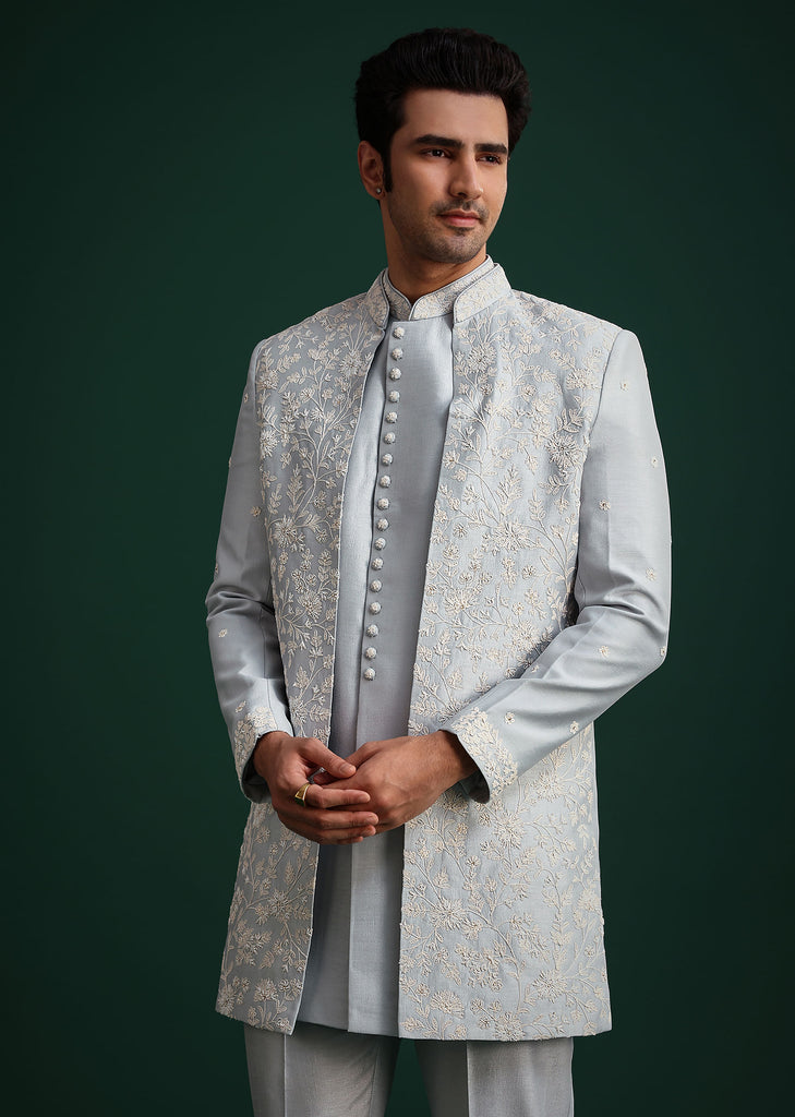 Ice Blue Cotton Silk Hand Work Sherwani Kurta Set