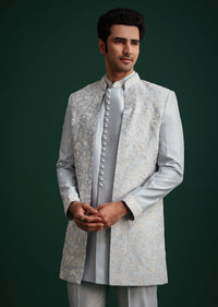 Ice Blue Cotton Silk Hand Work Sherwani Kurta Set