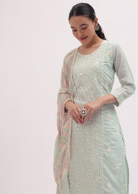 Ice Blue Embroidered Cotton Kurta Pant Set