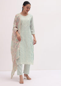 Ice Blue Embroidered Cotton Kurta Pant Set