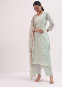 Ice Blue Embroidered Cotton Kurta Pant Set