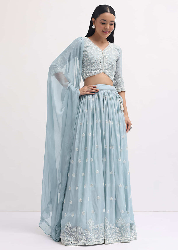 Ice Blue Embroidered Lehenga Choli Set