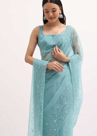Ice Blue Embroidered Organza Saree With Unstitched Blouse