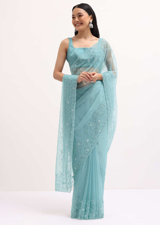 Ice Blue Embroidered Organza Saree With Unstitched Blouse