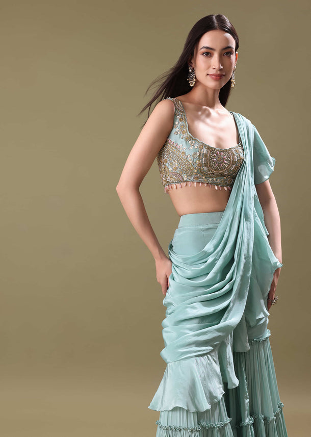 Ice Blue Frill Saree With Embroidered Blouse