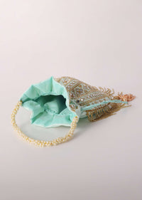 Ice Blue Mirror Work Silk Potli With Tassels And Pearl Handle