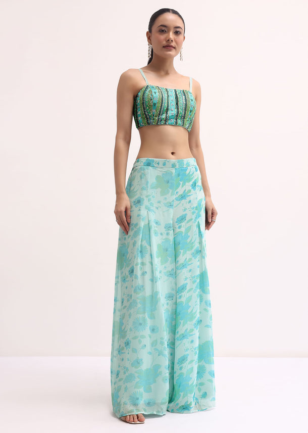Ice Blue Printed Crop Top And Palazzo Set