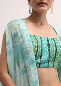 Ice Blue Printed Crop Top And Palazzo Set