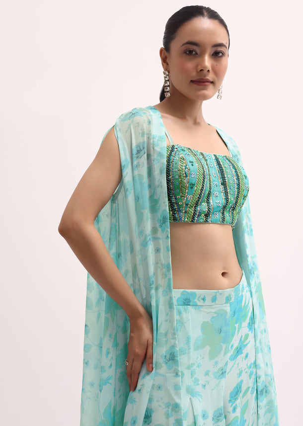 Ice Blue Printed Crop Top And Palazzo Set