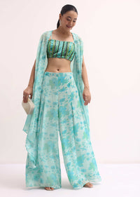 Ice Blue Printed Crop Top And Palazzo Set