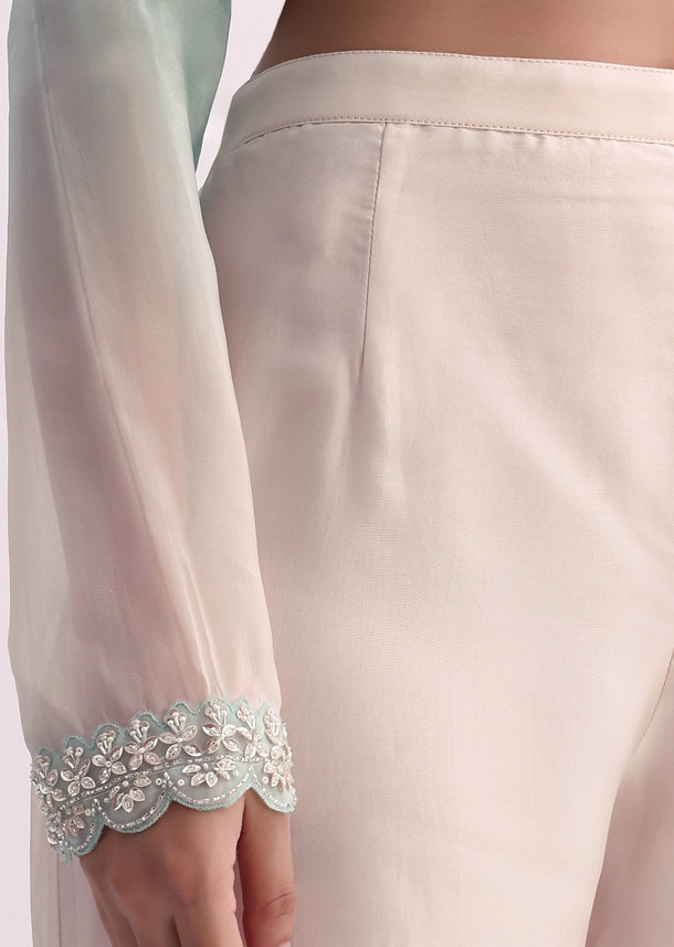 Ice Blue White Two Toned Embroidered Kurti Pant Set