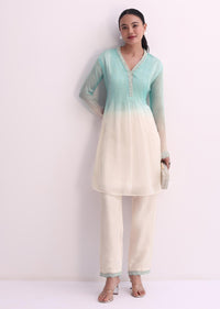 Ice Blue White Two Toned Embroidered Kurti Pant Set