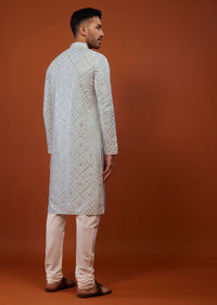 Powder Blue Embroidered Kurta Set With Mirror Work In Cotton Silk