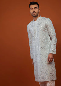 Powder Blue Embroidered Kurta Set With Mirror Work In Cotton Silk