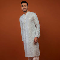 Powder Blue Embroidered Kurta Set With Mirror Work In Cotton Silk
