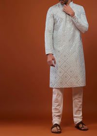 Powder Blue Embroidered Kurta Set With Mirror Work In Cotton Silk