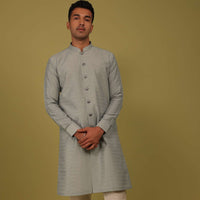 Cloud Grey Striped Art Silk Kurta