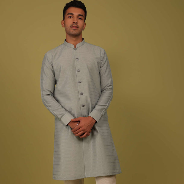 Cloud Grey Striped Art Silk Kurta