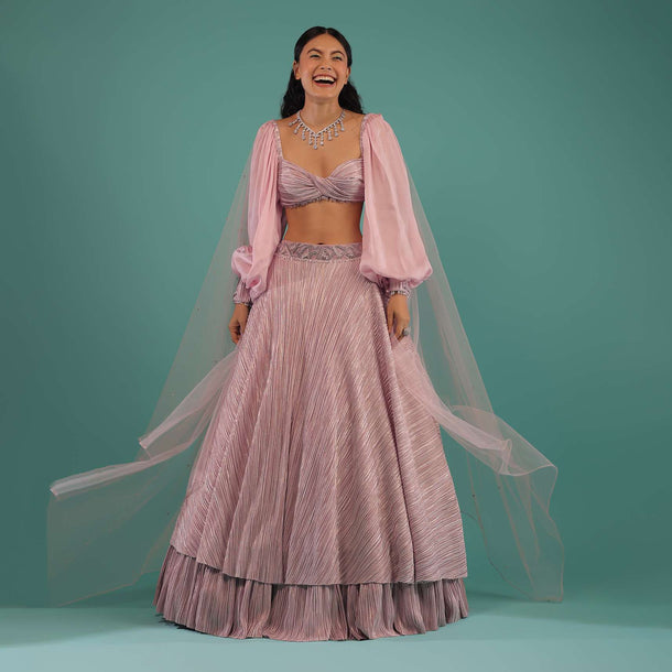 Ice Lavender Lehenga In Shimmer Crush With A Twisted Bandeau Crop Top Designed With Bishop Sleeves
