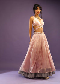 Ice Pink Satin Organza Skirt With A Shimmery Frill And A V-Neck Crop Top With Embroidered Wrap Around Straps
