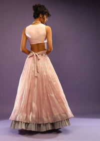 Ice Pink Satin Organza Skirt With A Shimmery Frill And A V-Neck Crop Top With Embroidered Wrap Around Straps