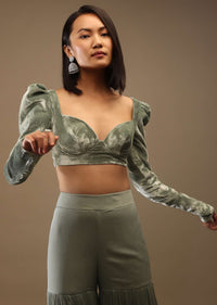 Iceberg Green Velvet Full Sleeves Blouse With A Plunging Neckline Back Hooks Closure With A Tie-Up Tassle Dori