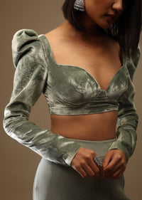 Iceberg Green Velvet Full Sleeves Blouse With A Plunging Neckline Back Hooks Closure With A Tie-Up Tassle Dori