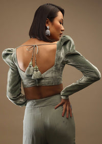 Iceberg Green Velvet Full Sleeves Blouse With A Plunging Neckline Back Hooks Closure With A Tie-Up Tassle Dori