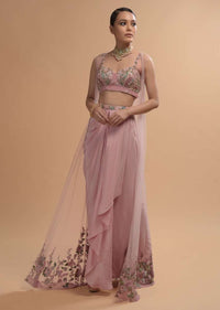 Icy Pink Draped Skirt And Crop Top Set With Long Jacket And 3D Flower Embroidery