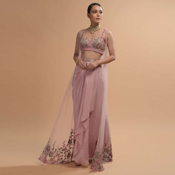 Icy Pink Draped Skirt And Crop Top Set With Long Jacket And 3D Flower Embroidery