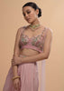 Icy Pink Draped Skirt And Crop Top Set With Long Jacket And 3D Flower Embroidery