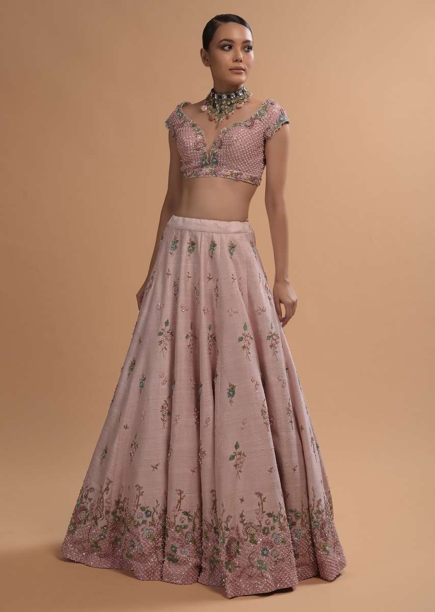 Icy Pink Lehenga Choli In Raw Silk With 3D Flowers And Beads Embroidery