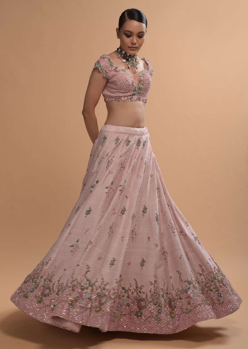 Icy Pink Lehenga Choli In Raw Silk With 3D Flowers And Beads Embroidery