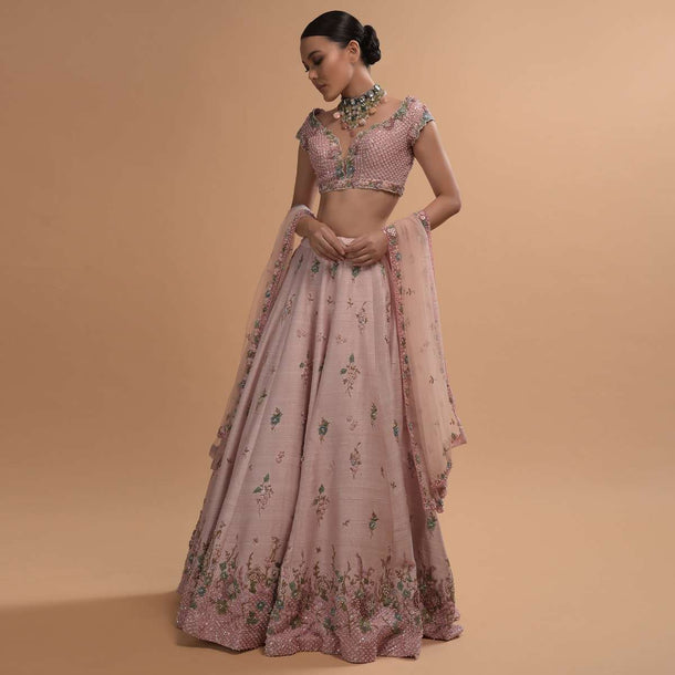 Icy Pink Lehenga Choli In Raw Silk With 3D Flowers And Beads Embroidery