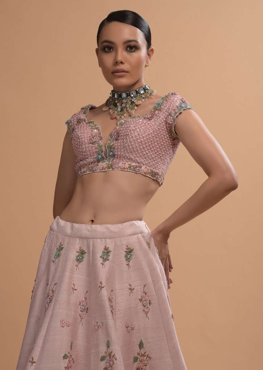 Icy Pink Lehenga Choli In Raw Silk With 3D Flowers And Beads Embroidery