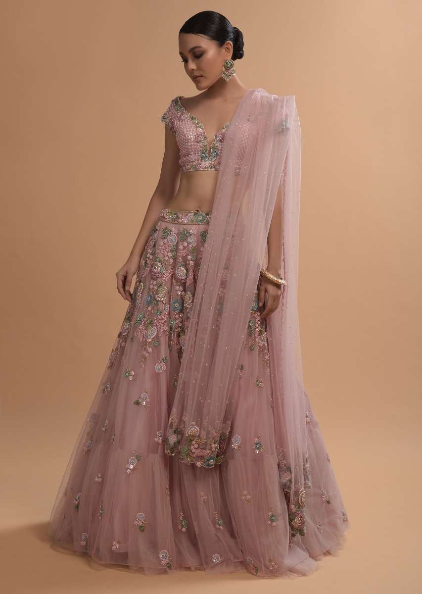 Icy Pink Net Lehenga And Cap Sleeves Crop Top With 3D Flower Cluster And Scattered Buttis