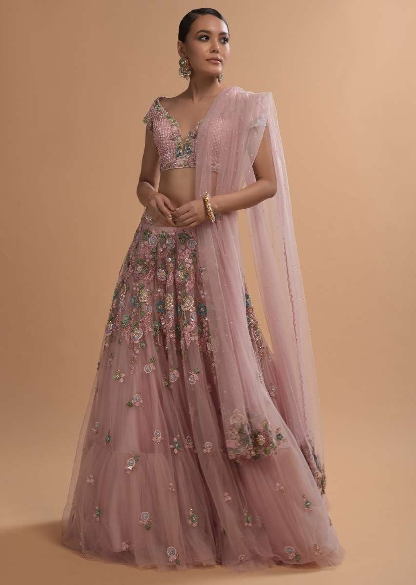 Icy Pink Net Lehenga And Cap Sleeves Crop Top With 3D Flower Cluster And Scattered Buttis